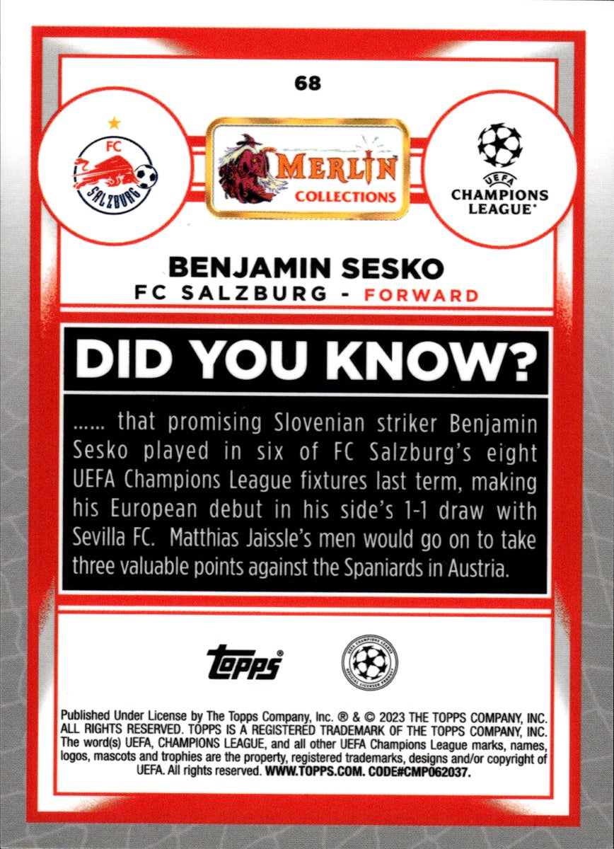 Benjamin Sesko – FC Salzburg · 2023-24 Topps Merlin Chrome UEFA Club Competitions #68 Aqua Refractor – back
