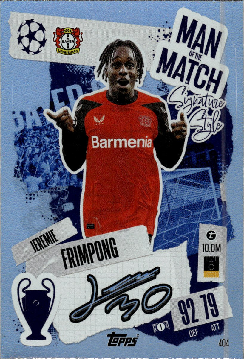 Jeremie Frimpong – Bayer Leverkusen · 2024-25 Topps Match Attax UEFA Club Competitions #404 Man of the Match (Signature Style) – front