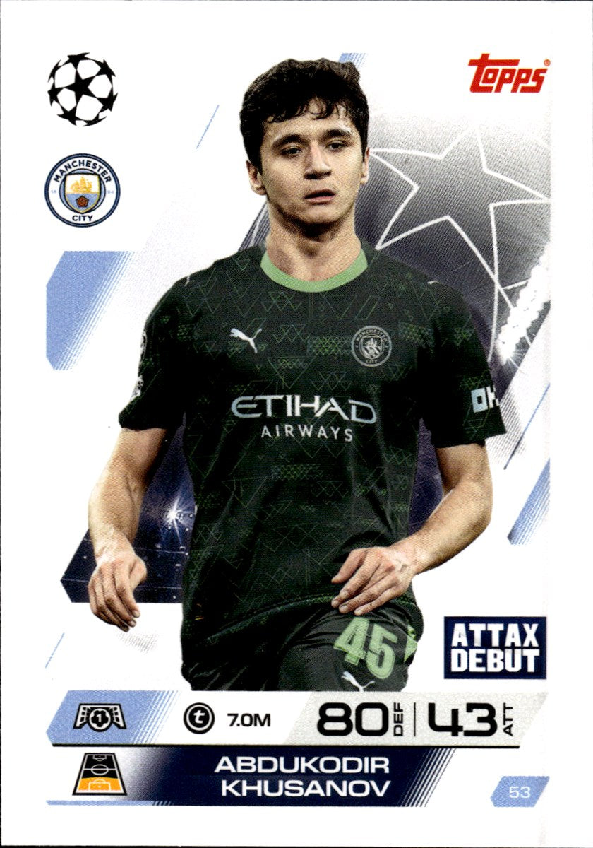 Abdukodir Khusanov – Manchester City · 2025-26 Topps Match Attax UEFA Club Competitions #53 Attax Debut – front