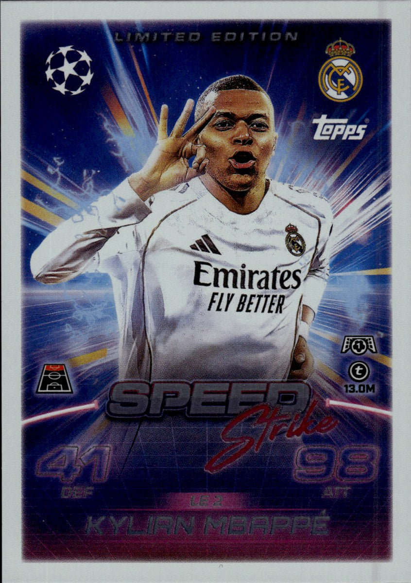 Kylian Mbappé – Real Madrid · 2025-26 Topps Match Attax UEFA Club Competitions Limited Edition (Speed Strike) – front