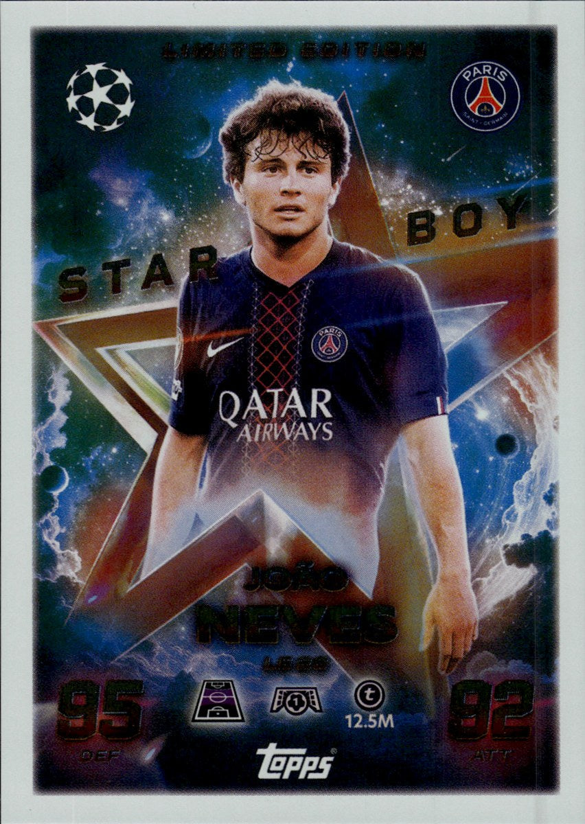João Neves – Paris Saint-Germain · 2025-26 Topps Match Attax UEFA Club Competitions Limited Edition (Star Boy) – front